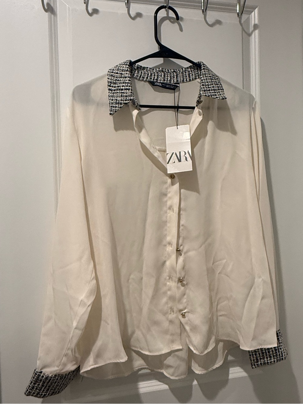 Zara Cream Button-Down Shirt with Black-and-White Tweed Collar- NWT